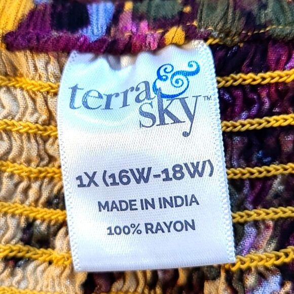 Terra & Sky Gold with Purple Flowers, Short Ruffled Bell Sleeves Tie Front Sz 1X - Picture 8 of 8
